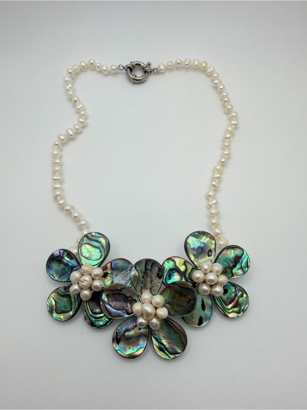 15" VTG Abalone shell "flower" bib statement necklace w/ freshwater pearls!